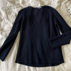Helmut lang wool cashmere navy blue vneck ribbed knit sweater
